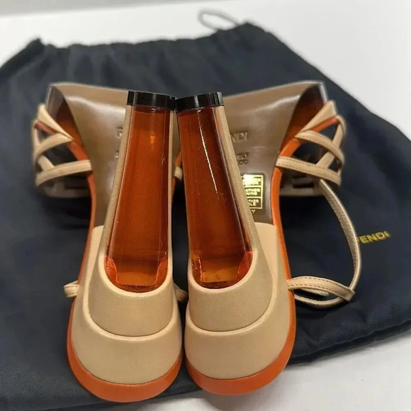 Fendi High Heel Pumps Shoes Ankle Strap Leather Designer Orange Tan Size 37 6.5 - Picture 10 of 14